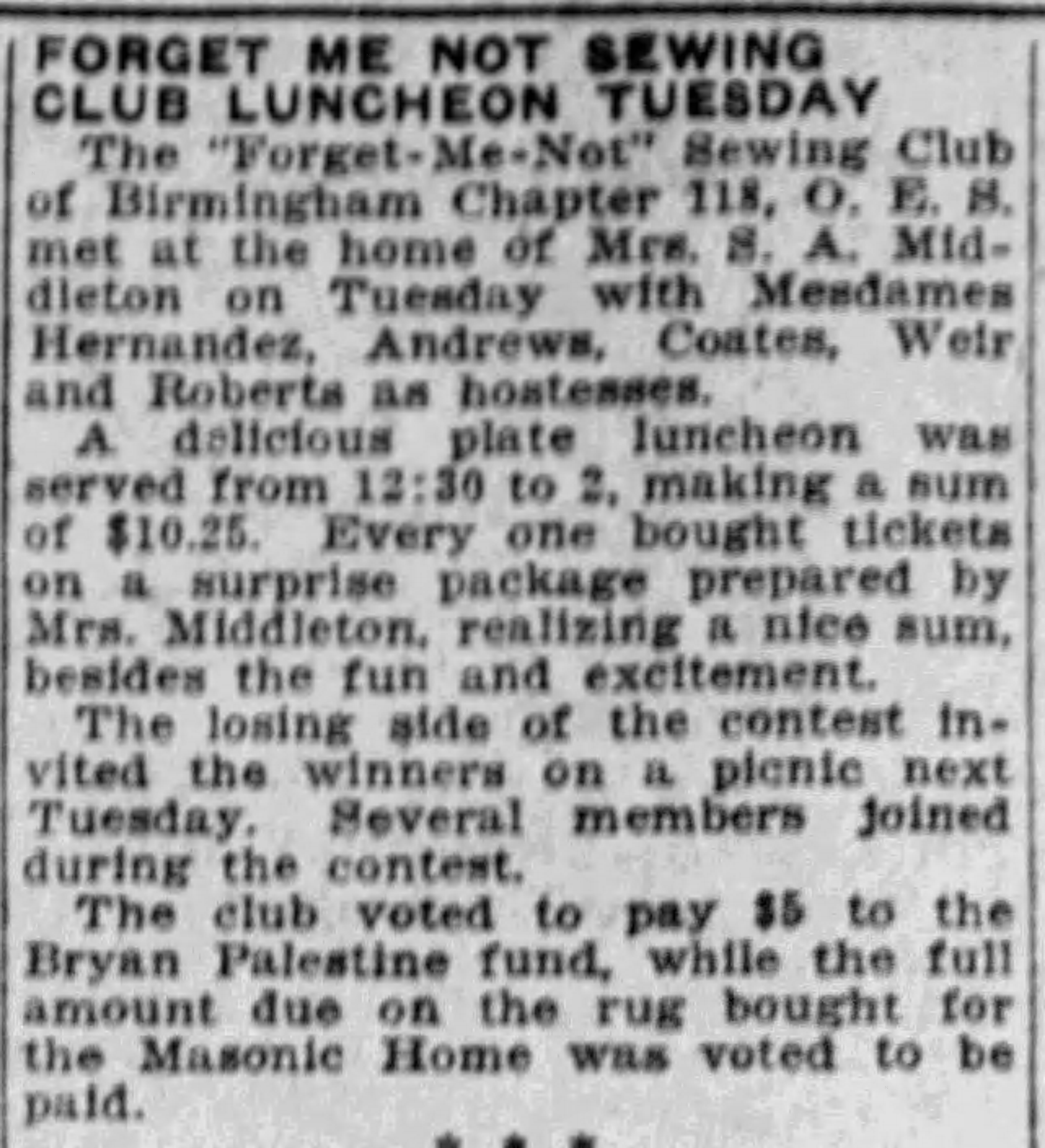 Forget Me Not Sewing Club Luncheon Tuesday